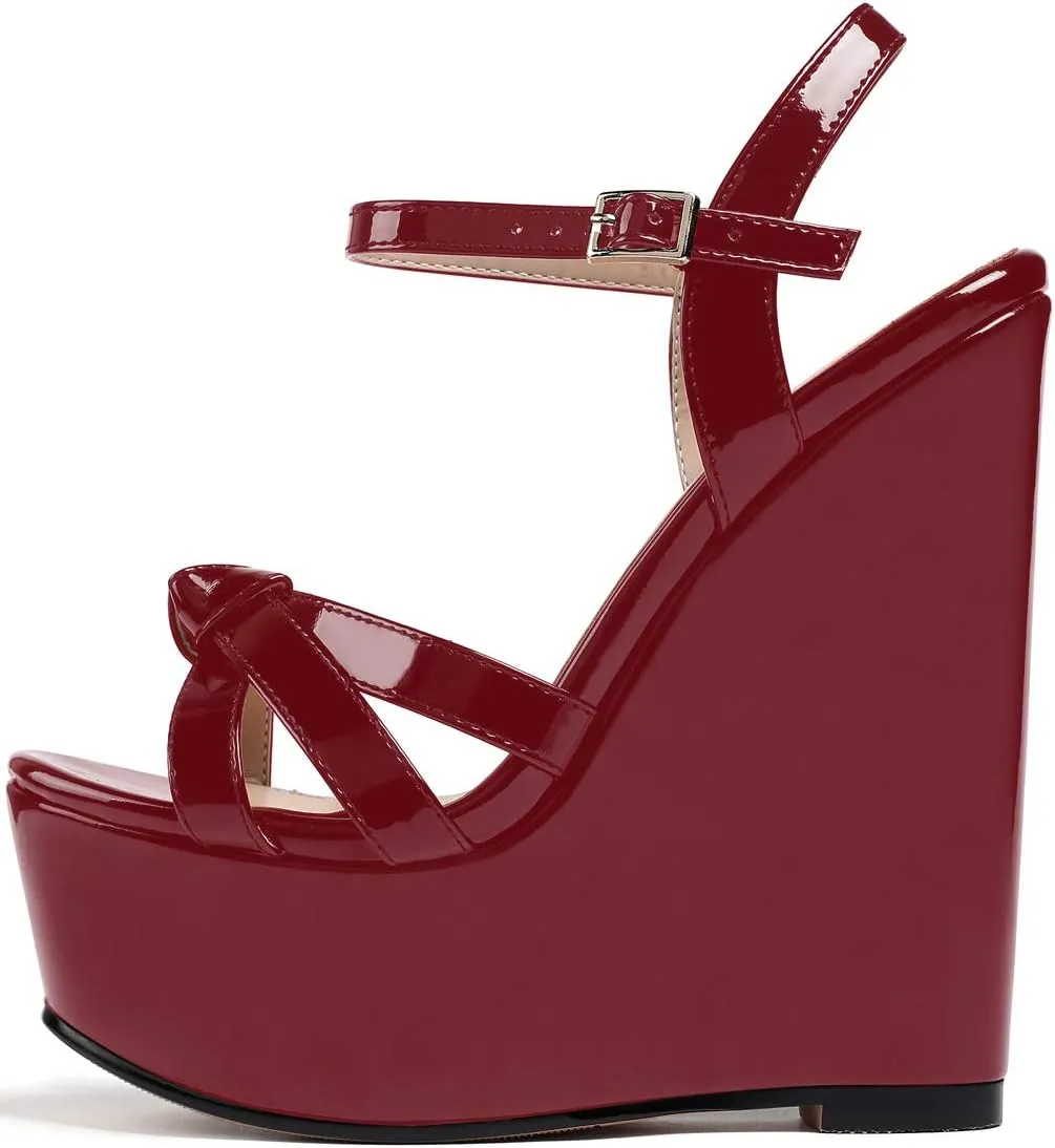 YODEKS Women's Wedge Heel Sandals Sexy Platform Open Toe Ankle Strap Fashion Mary Jane Summer Dress Patent Leather Sandals