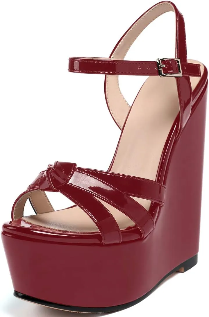 YODEKS Women's Wedge Heel Sandals Sexy Platform Open Toe Ankle Strap Fashion Mary Jane Summer Dress Patent Leather Sandals