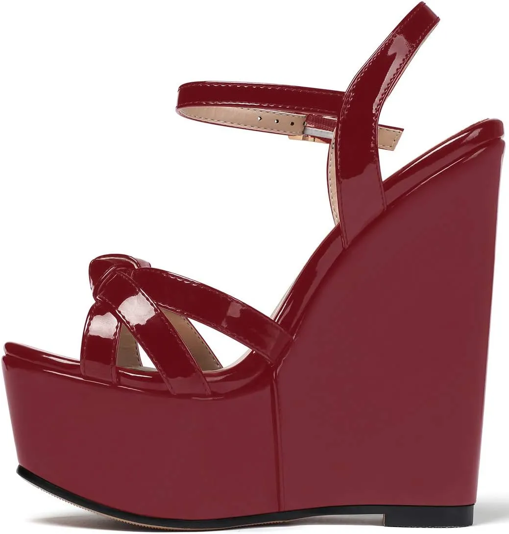 YODEKS Women's Wedge Heel Sandals Sexy Platform Open Toe Ankle Strap Fashion Mary Jane Summer Dress Patent Leather Sandals