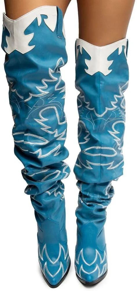 YOKI Cowgirl Boots Women, Over the Knee Western Cowboy Boots for Women with Chunky Block Heels