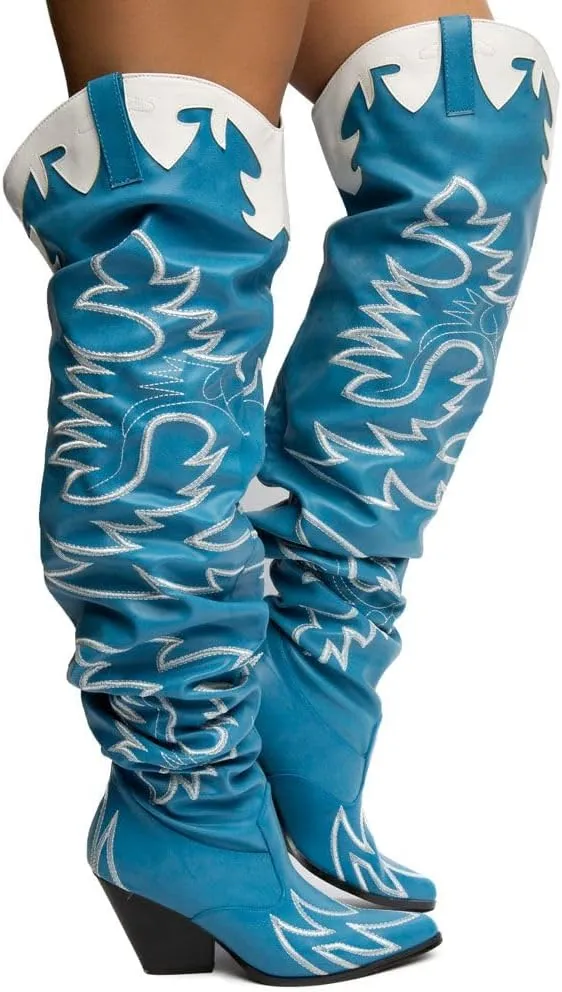 YOKI Cowgirl Boots Women, Over the Knee Western Cowboy Boots for Women with Chunky Block Heels