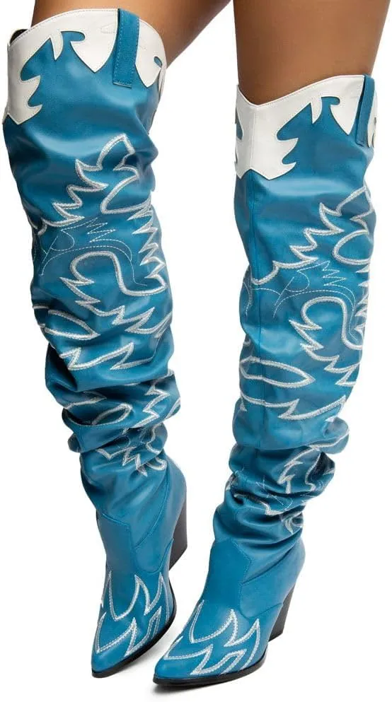YOKI Cowgirl Boots Women, Over the Knee Western Cowboy Boots for Women with Chunky Block Heels