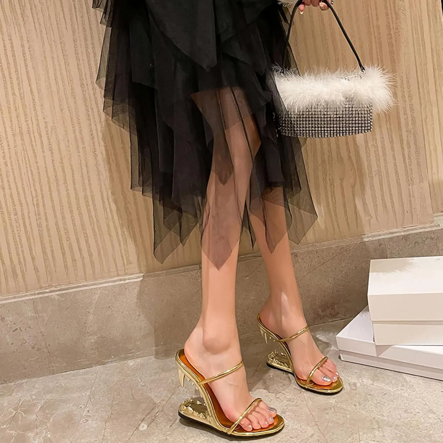 YXCFEWD Wedge Sandals for Women Open Toe Wedge Shark Teeth Heels for Women Square Toe Wedge Mules