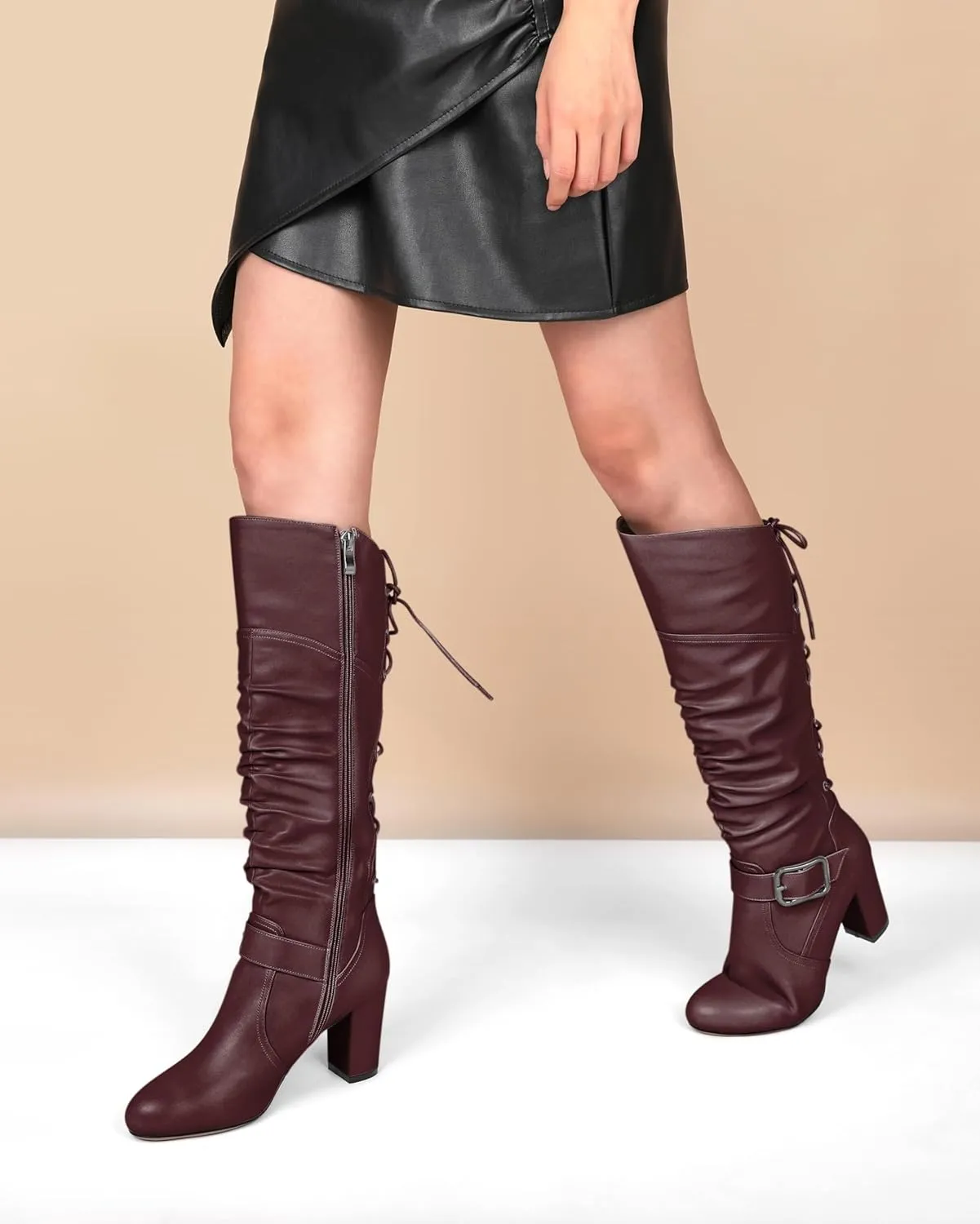 Zamikoo Womens Slouchy Knee High Boots Round Toe Chunky Block Heel Knee Booties Side Zipper Metal Buckle Slouch Dress Boots 3.5 Inch