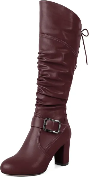 Zamikoo Womens Slouchy Knee High Boots Round Toe Chunky Block Heel Knee Booties Side Zipper Metal Buckle Slouch Dress Boots 3.5 Inch