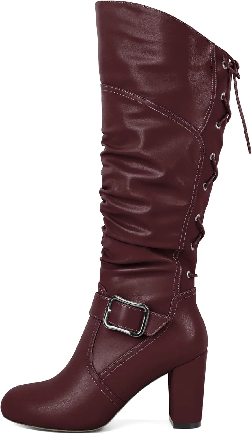 Zamikoo Womens Slouchy Knee High Boots Round Toe Chunky Block Heel Knee Booties Side Zipper Metal Buckle Slouch Dress Boots 3.5 Inch
