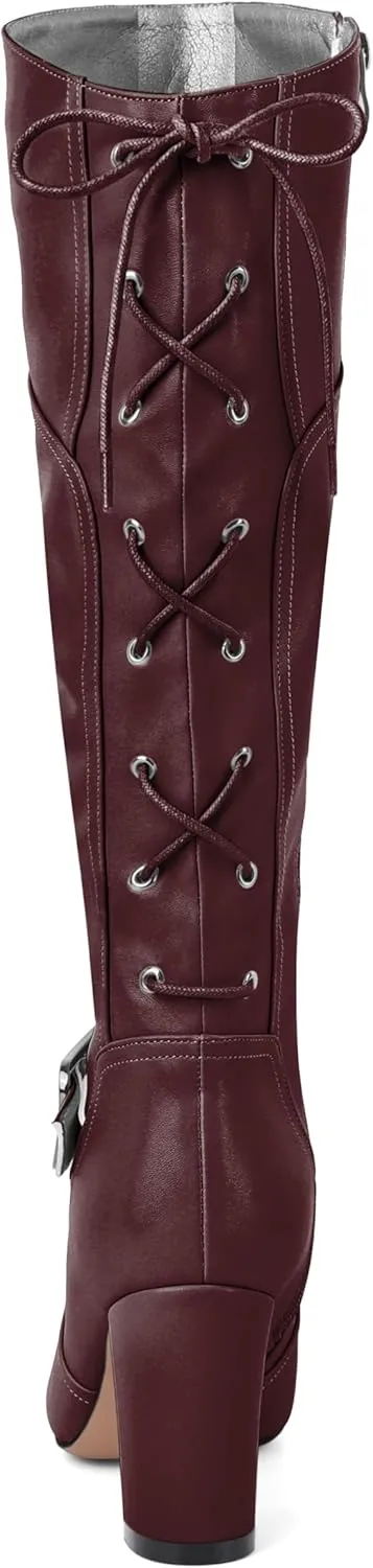 Zamikoo Womens Slouchy Knee High Boots Round Toe Chunky Block Heel Knee Booties Side Zipper Metal Buckle Slouch Dress Boots 3.5 Inch