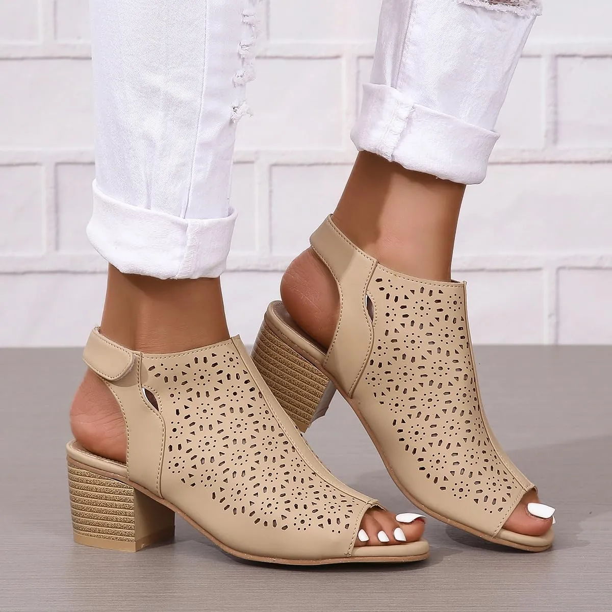 ZDLJLY Peep Toe Booties Women, Ankle Booties Skeleton Boots Hook & Loop Strap Cut Out Mid Block Heel Sandals for Women