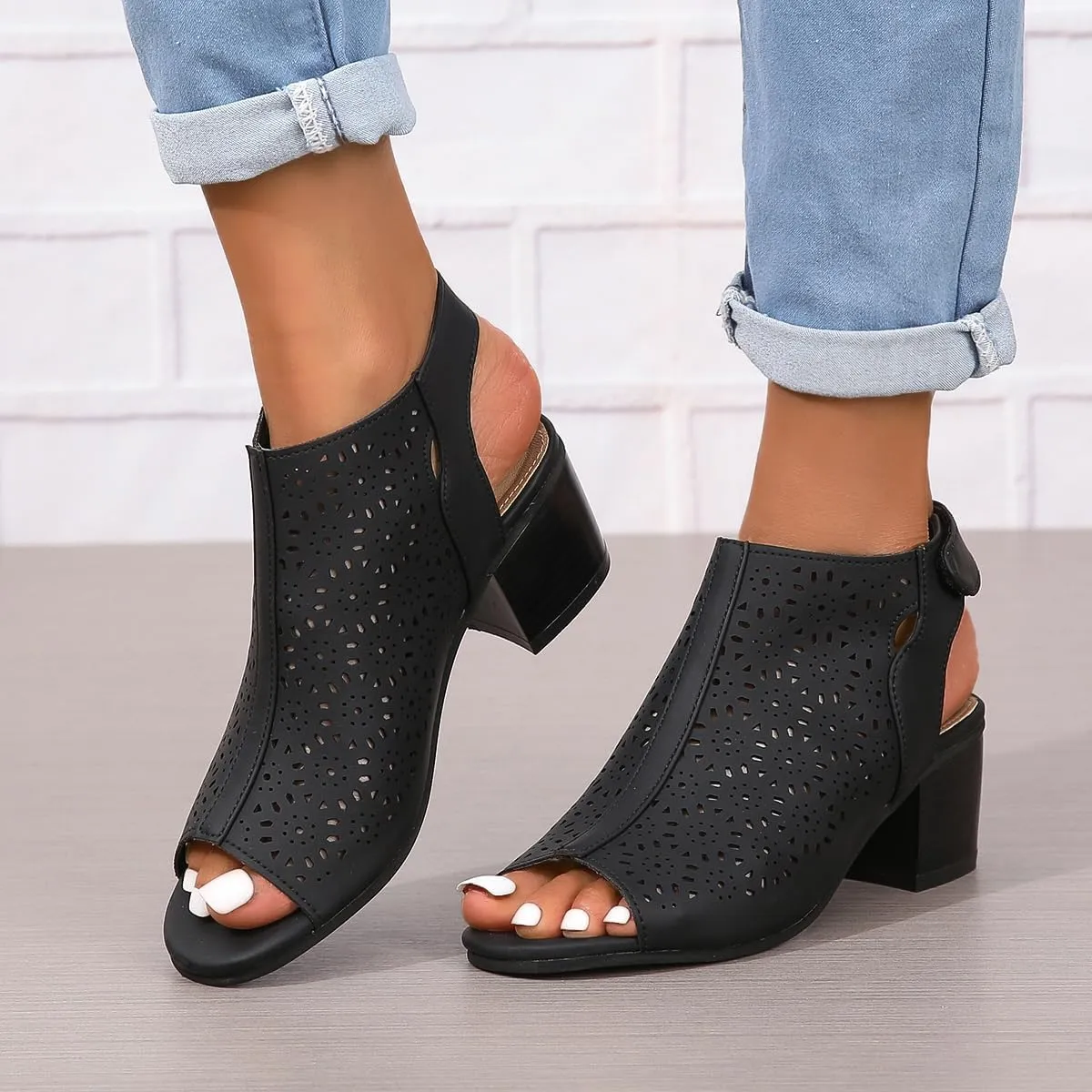 ZDLJLY Peep Toe Booties Women, Ankle Booties Skeleton Boots Hook & Loop Strap Cut Out Mid Block Heel Sandals for Women