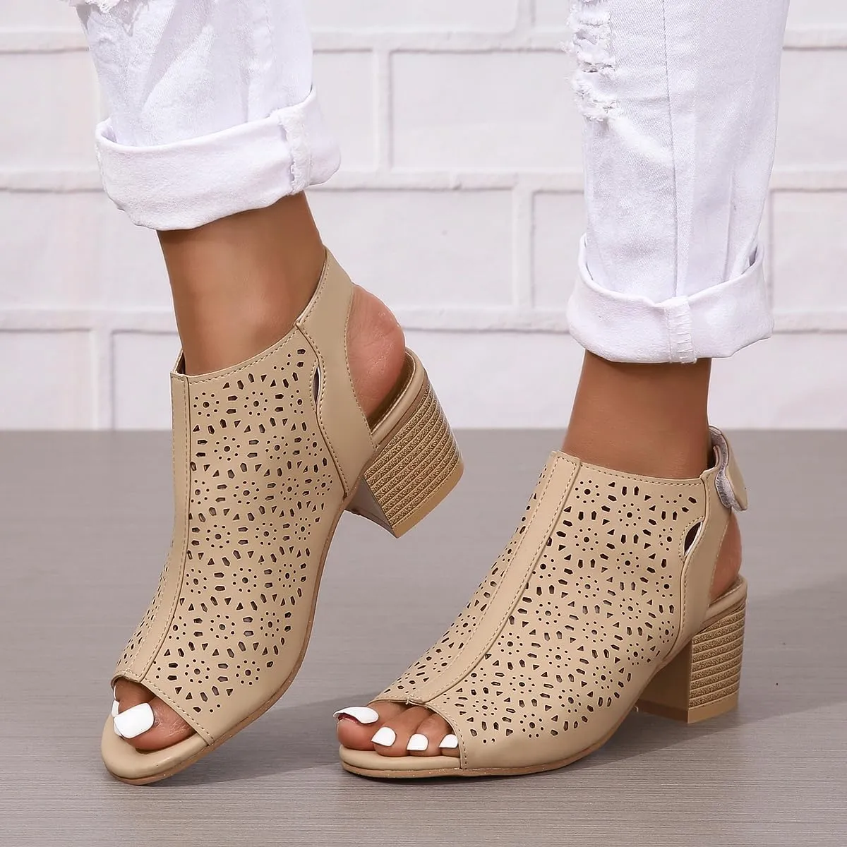 ZDLJLY Peep Toe Booties Women, Ankle Booties Skeleton Boots Hook & Loop Strap Cut Out Mid Block Heel Sandals for Women