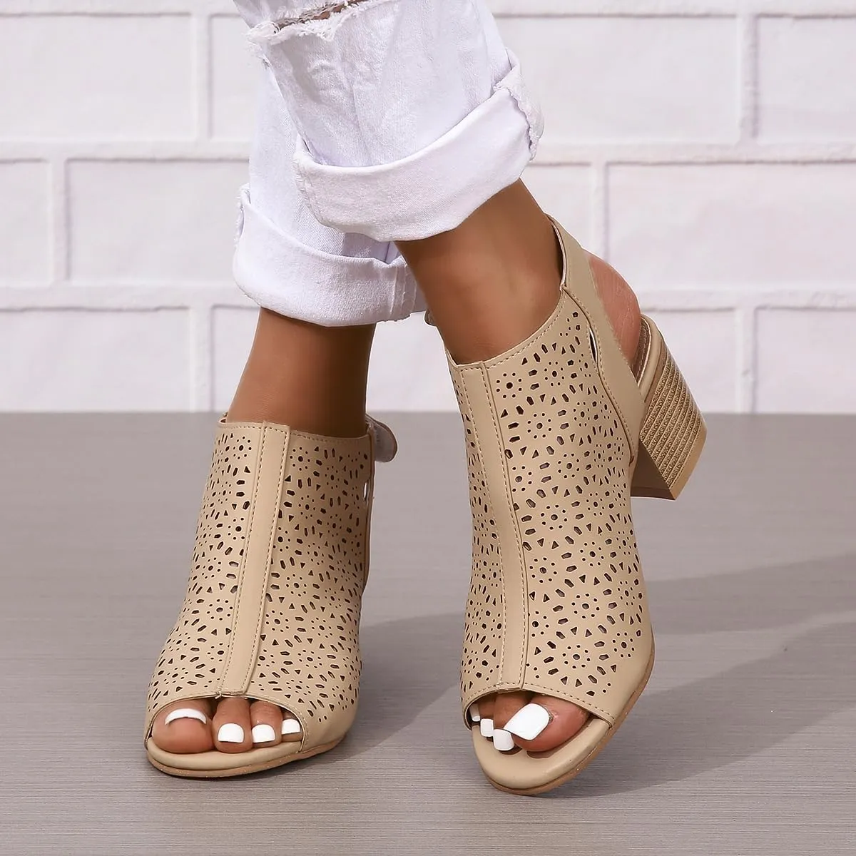 ZDLJLY Peep Toe Booties Women, Ankle Booties Skeleton Boots Hook & Loop Strap Cut Out Mid Block Heel Sandals for Women