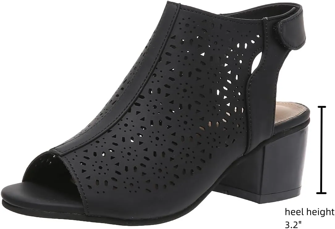 ZDLJLY Peep Toe Booties Women, Ankle Booties Skeleton Boots Hook & Loop Strap Cut Out Mid Block Heel Sandals for Women