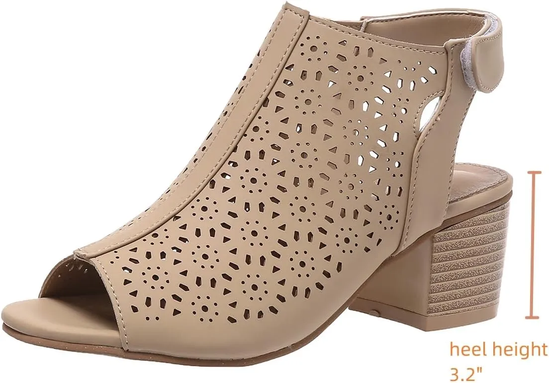 ZDLJLY Peep Toe Booties Women, Ankle Booties Skeleton Boots Hook & Loop Strap Cut Out Mid Block Heel Sandals for Women