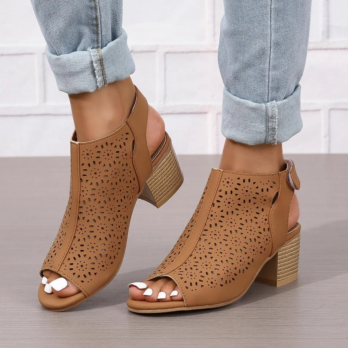ZDLJLY Peep Toe Booties Women, Ankle Booties Skeleton Boots Hook & Loop Strap Cut Out Mid Block Heel Sandals for Women