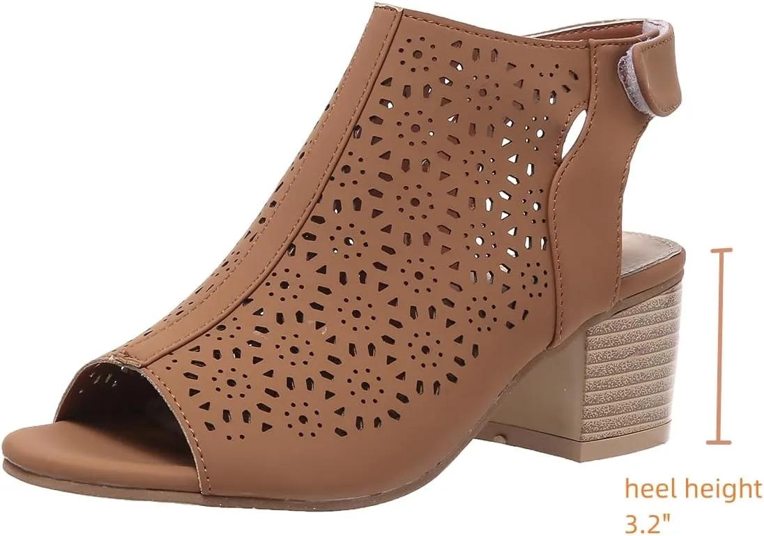 ZDLJLY Peep Toe Booties Women, Ankle Booties Skeleton Boots Hook & Loop Strap Cut Out Mid Block Heel Sandals for Women