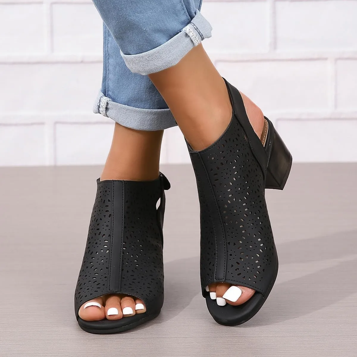 ZDLJLY Peep Toe Booties Women, Ankle Booties Skeleton Boots Hook & Loop Strap Cut Out Mid Block Heel Sandals for Women