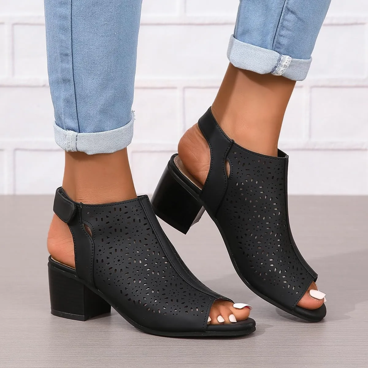 ZDLJLY Peep Toe Booties Women, Ankle Booties Skeleton Boots Hook & Loop Strap Cut Out Mid Block Heel Sandals for Women