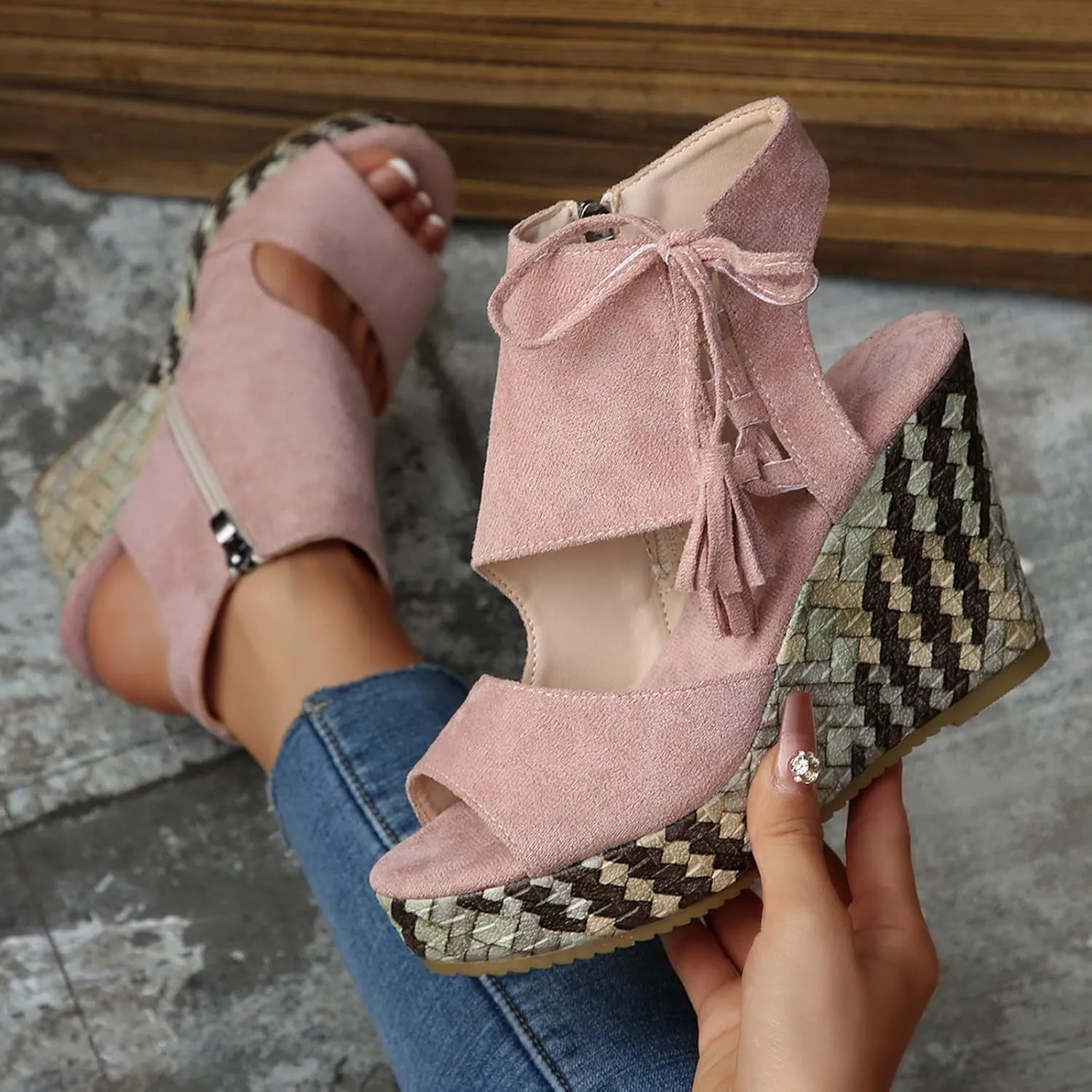 ZDLJYL Womens Espadrilles Wedges Sandals Heels Open Toe Tie Lace Up Platform Ankle Strap Summer Dress Shoes Boho Party Shoes