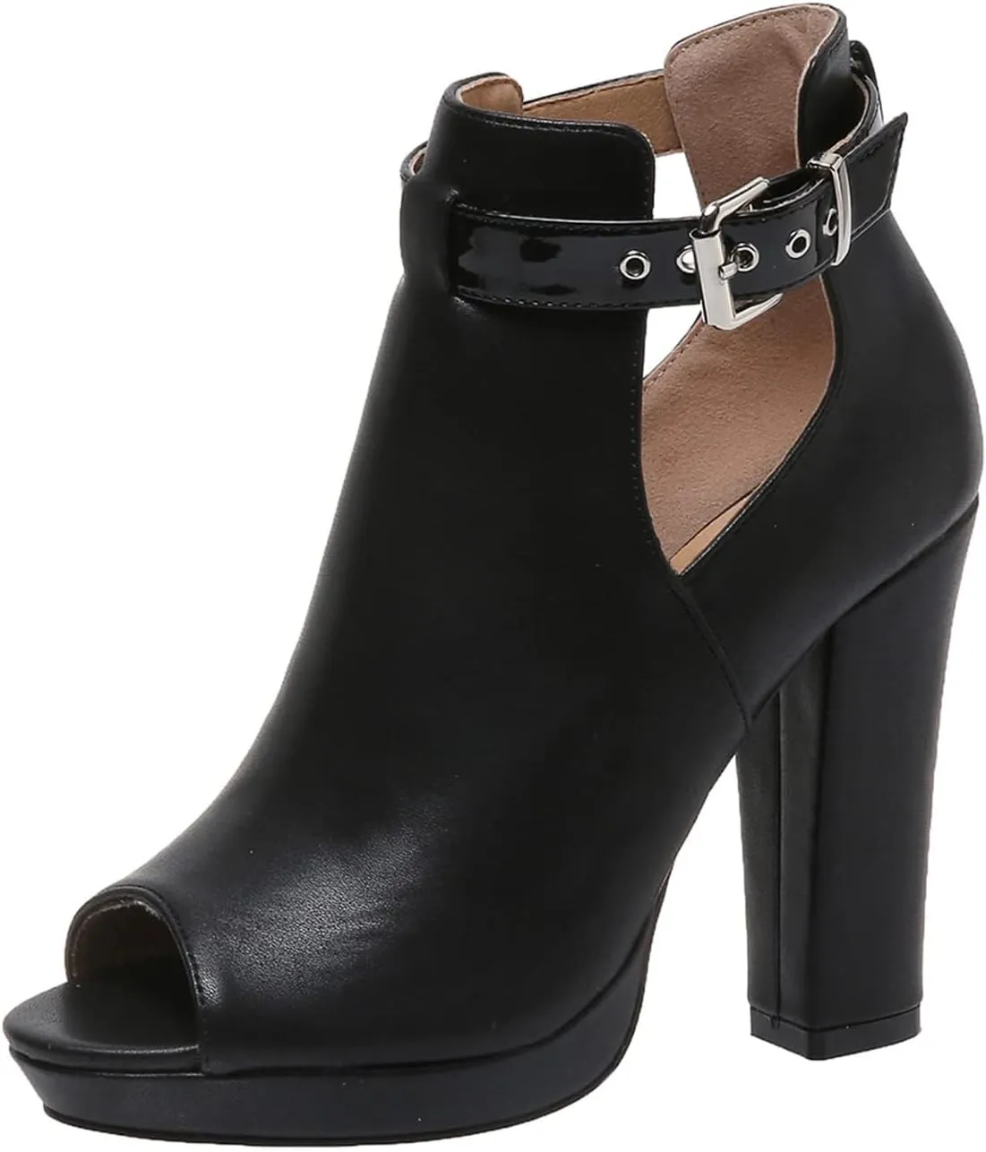 ZDLJYL Women's Open Peep Toe Booties Cutout Side Strap Mid Black Chunky Heel Fashion Ankle Bootie Summer Travel Heeled Sandals for Women