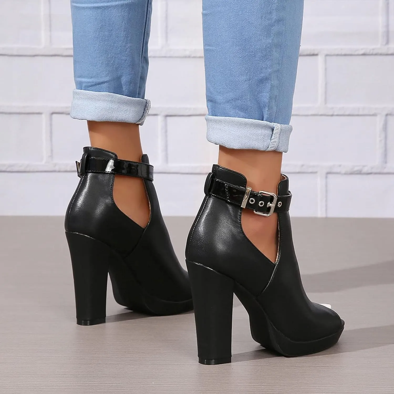 ZDLJYL Women's Open Peep Toe Booties Cutout Side Strap Mid Black Chunky Heel Fashion Ankle Bootie Summer Travel Heeled Sandals for Women
