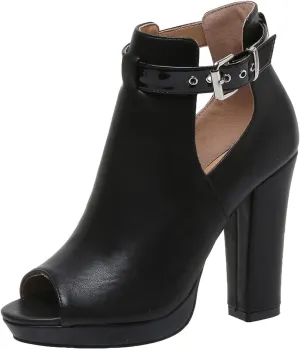 ZDLJYL Women's Open Peep Toe Booties Cutout Side Strap Mid Black Chunky Heel Fashion Ankle Bootie Summer Travel Heeled Sandals for Women