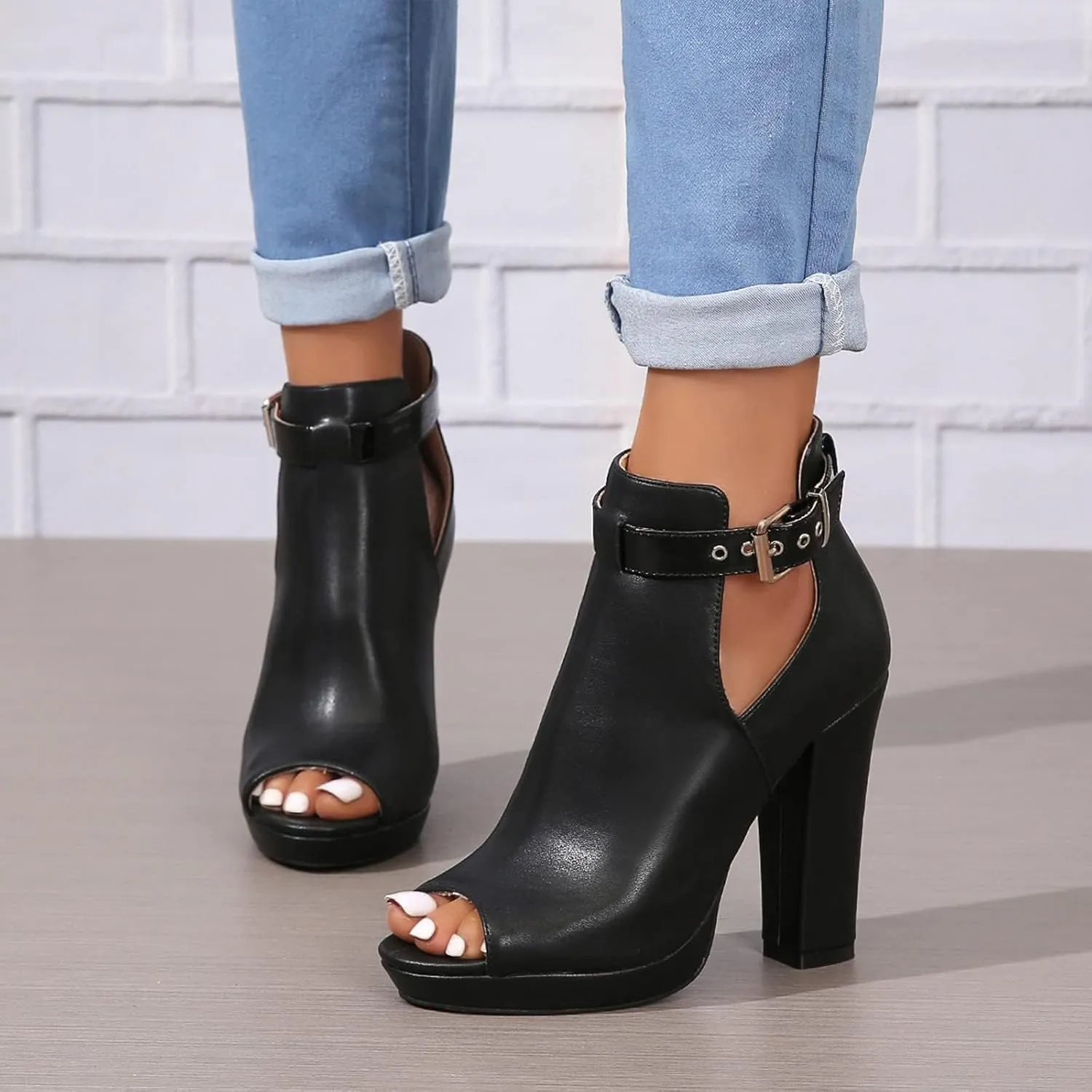 ZDLJYL Women's Open Peep Toe Booties Cutout Side Strap Mid Black Chunky Heel Fashion Ankle Bootie Summer Travel Heeled Sandals for Women
