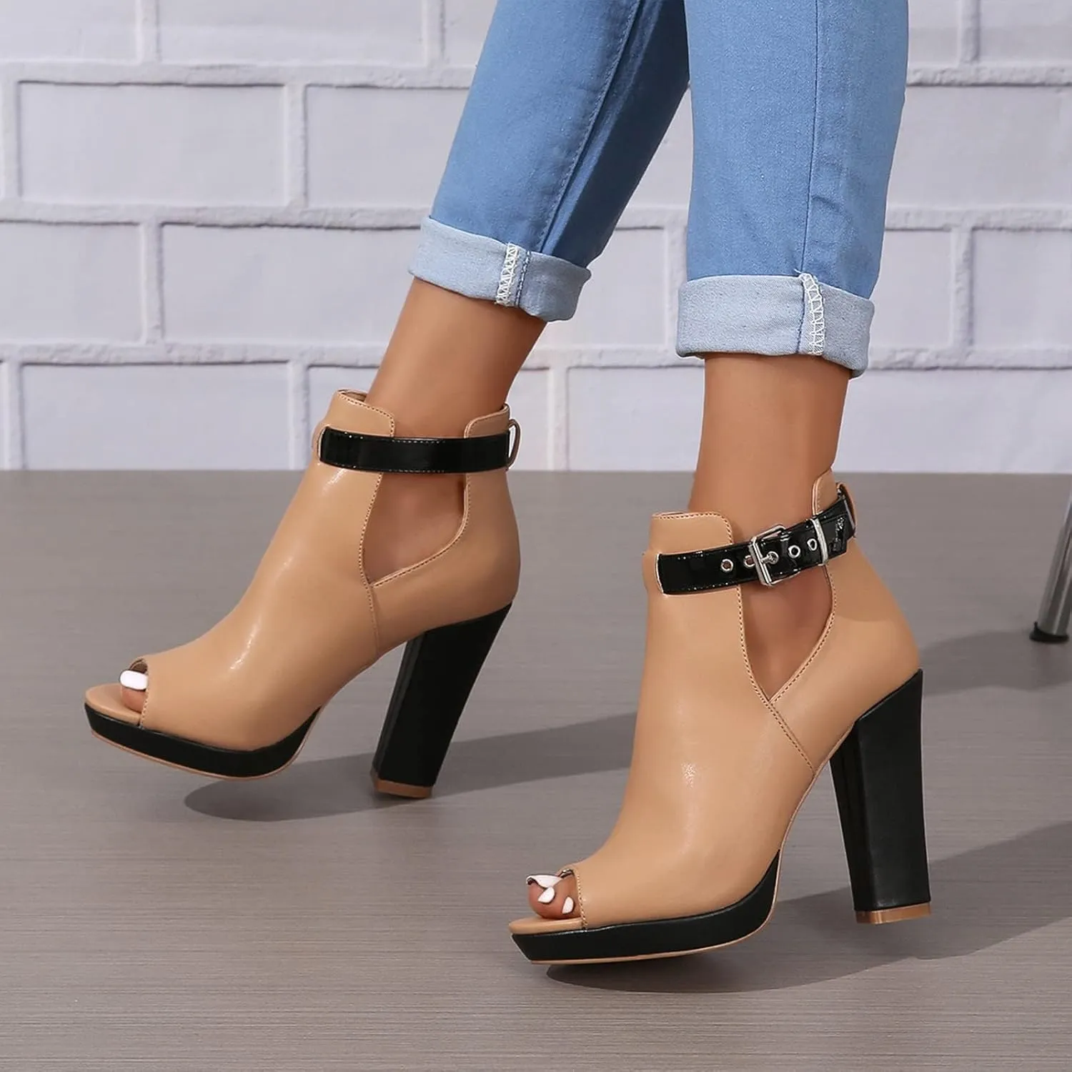 ZDLJYL Women's Open Peep Toe Booties Cutout Side Strap Mid Black Chunky Heel Fashion Ankle Bootie Summer Travel Sandals for Women