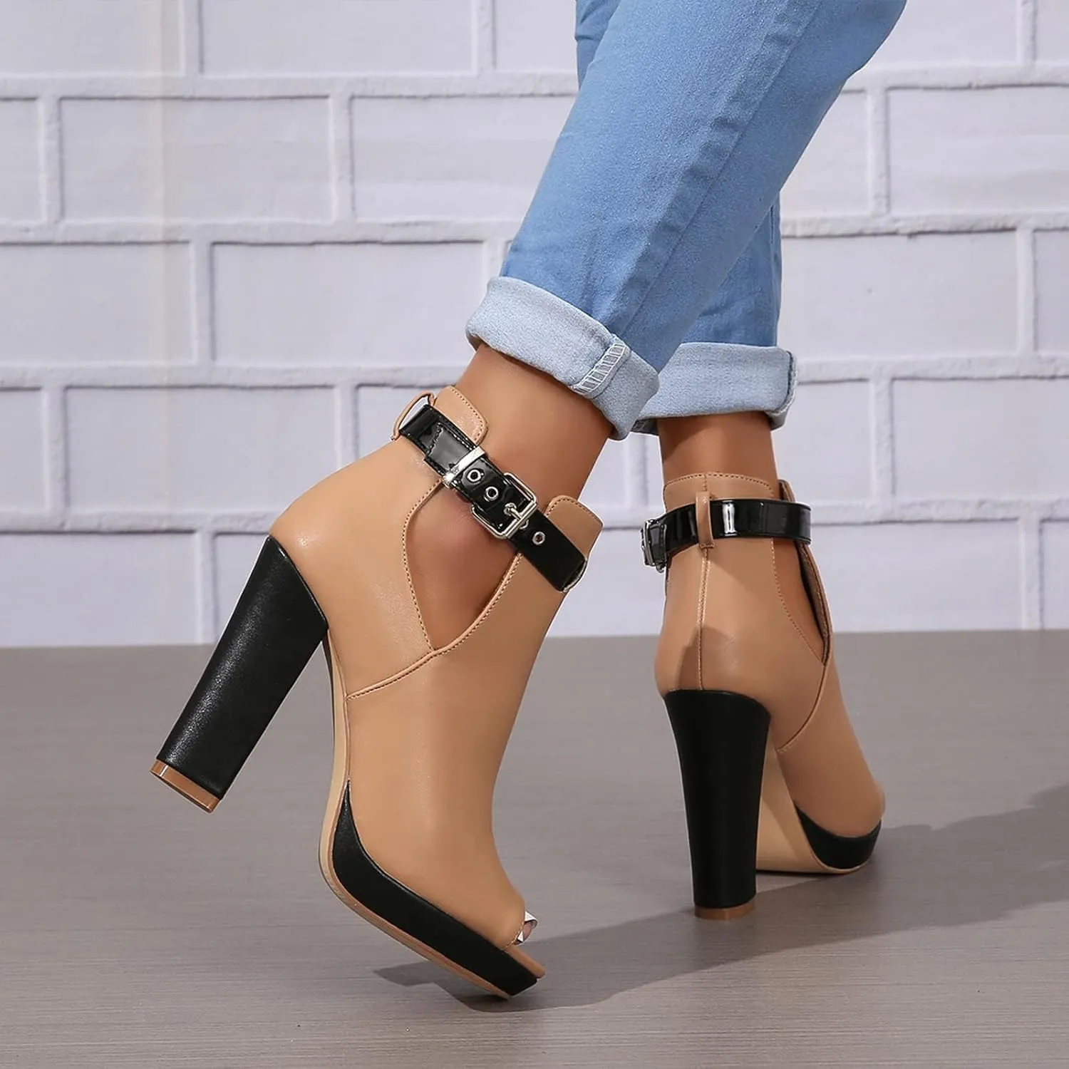 ZDLJYL Women's Open Peep Toe Booties Cutout Side Strap Mid Black Chunky Heel Fashion Ankle Bootie Summer Travel Sandals for Women