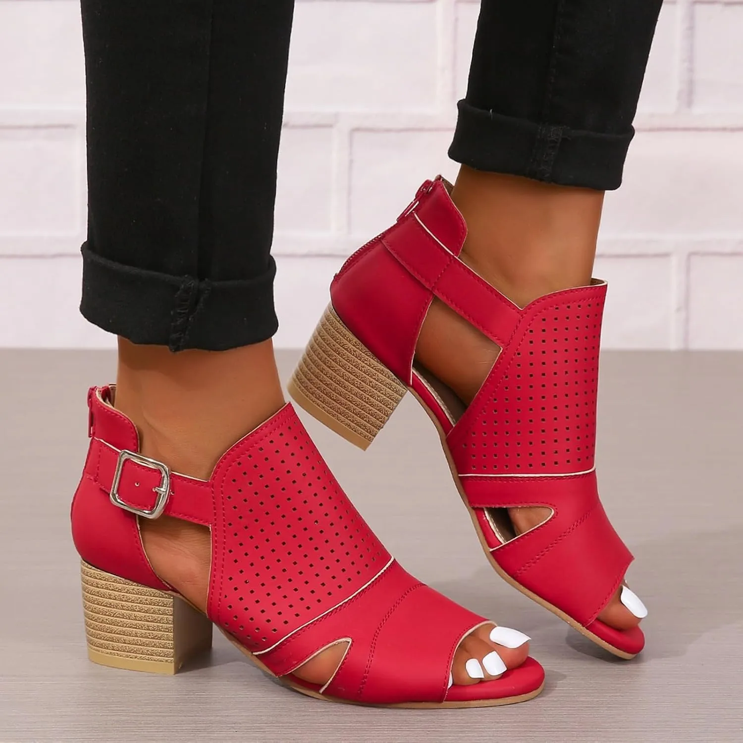 ZDLJYL Womens Peep Toe Heels Chunky Heel Booties Cutout Ankle Boots for Women High Heel Chunky Block Sandals