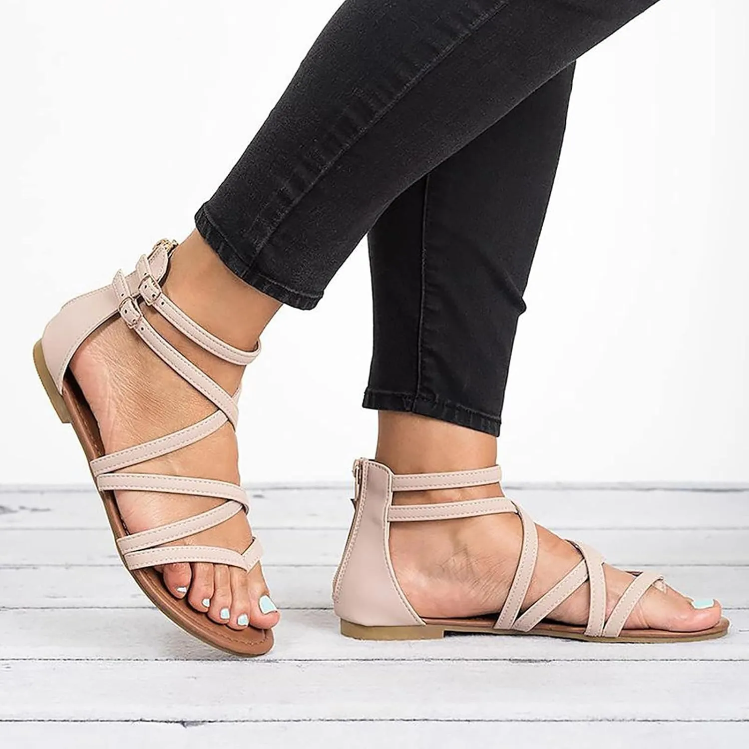 ZDLJYL Women's Wide Width Flat Sandals Summer Buckle Ankle Strap Gladiator Open Toe Flip Flop Sandal Beach Shoes for Women