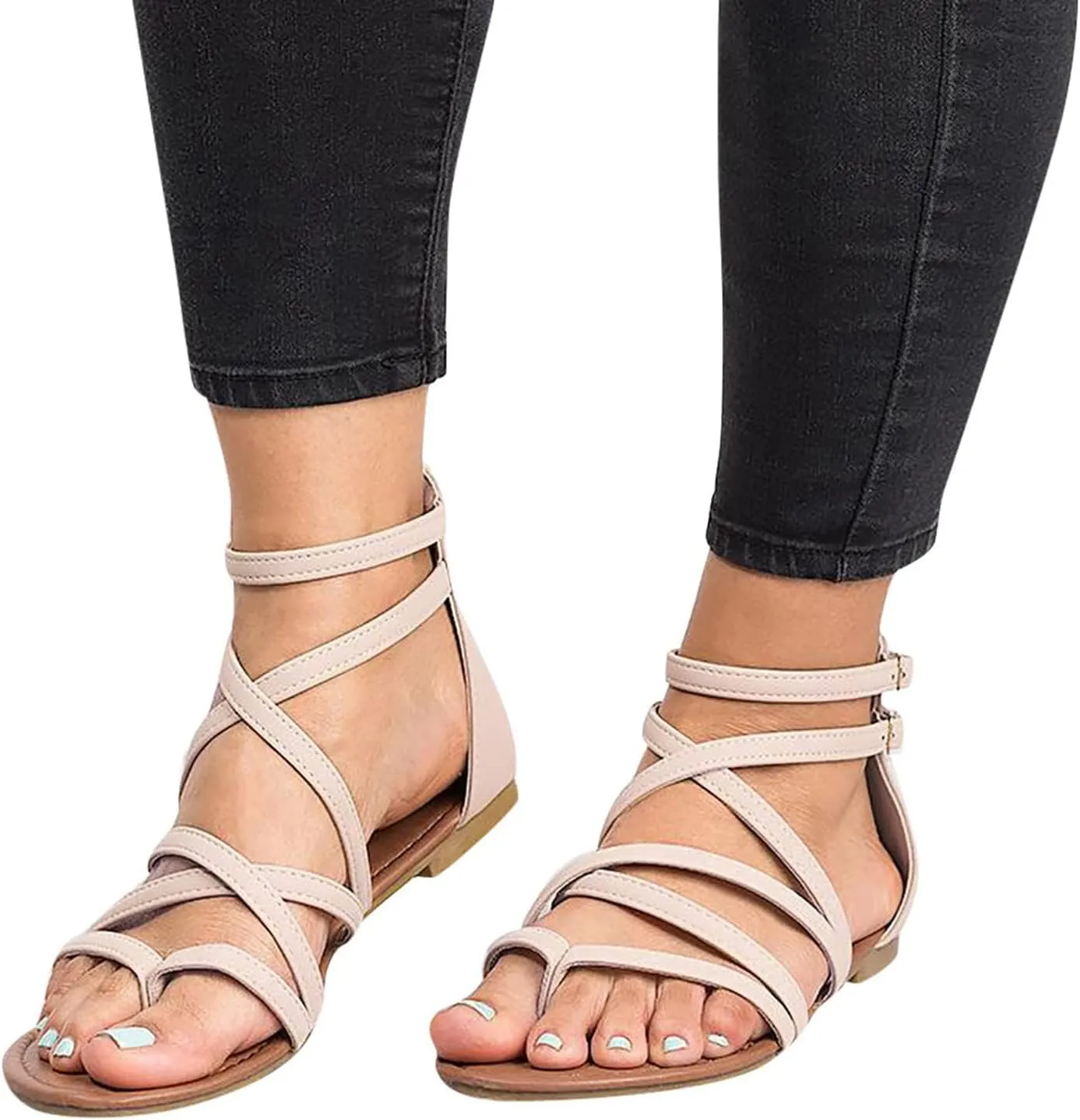 ZDLJYL Women's Wide Width Flat Sandals Summer Buckle Ankle Strap Gladiator Open Toe Flip Flop Sandal Beach Shoes for Women