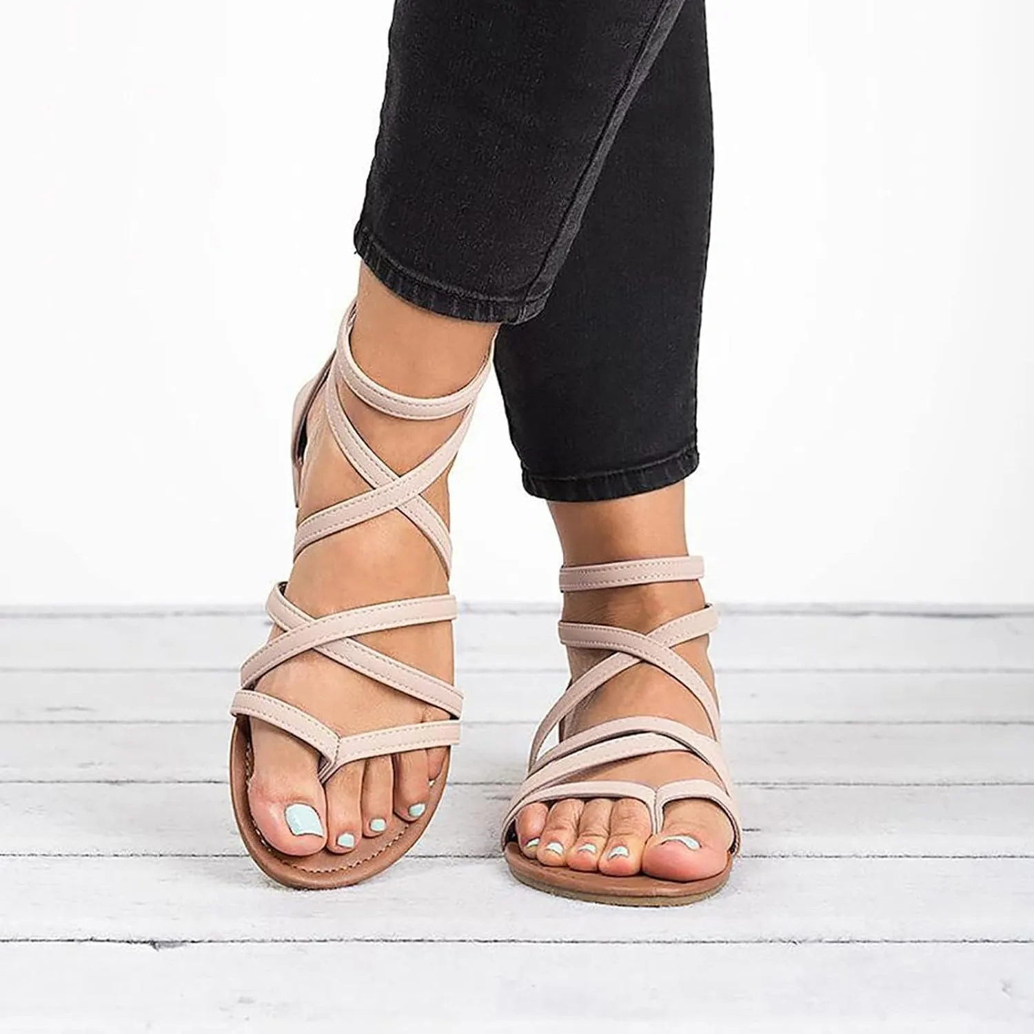ZDLJYL Women's Wide Width Flat Sandals Summer Buckle Ankle Strap Gladiator Open Toe Flip Flop Sandal Beach Shoes for Women