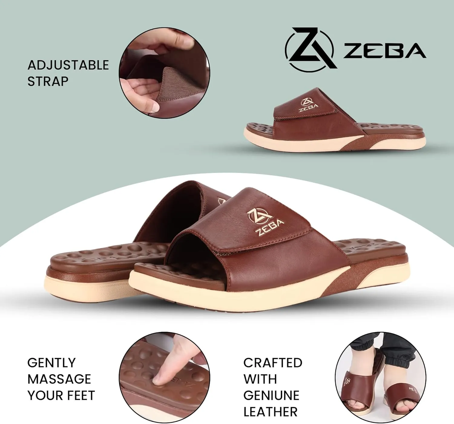 ZEBA Men's Premium Leather Easy Slip-On Massaging Sandals Slides