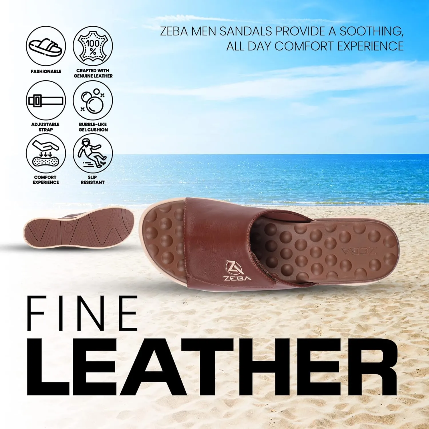 ZEBA Men's Premium Leather Easy Slip-On Massaging Sandals Slides