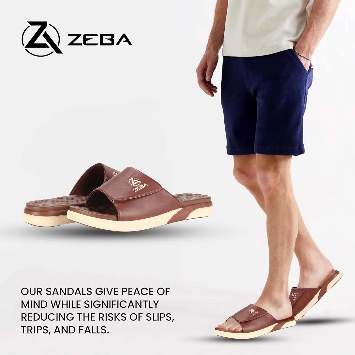 ZEBA Men's Premium Leather Easy Slip-On Massaging Sandals Slides