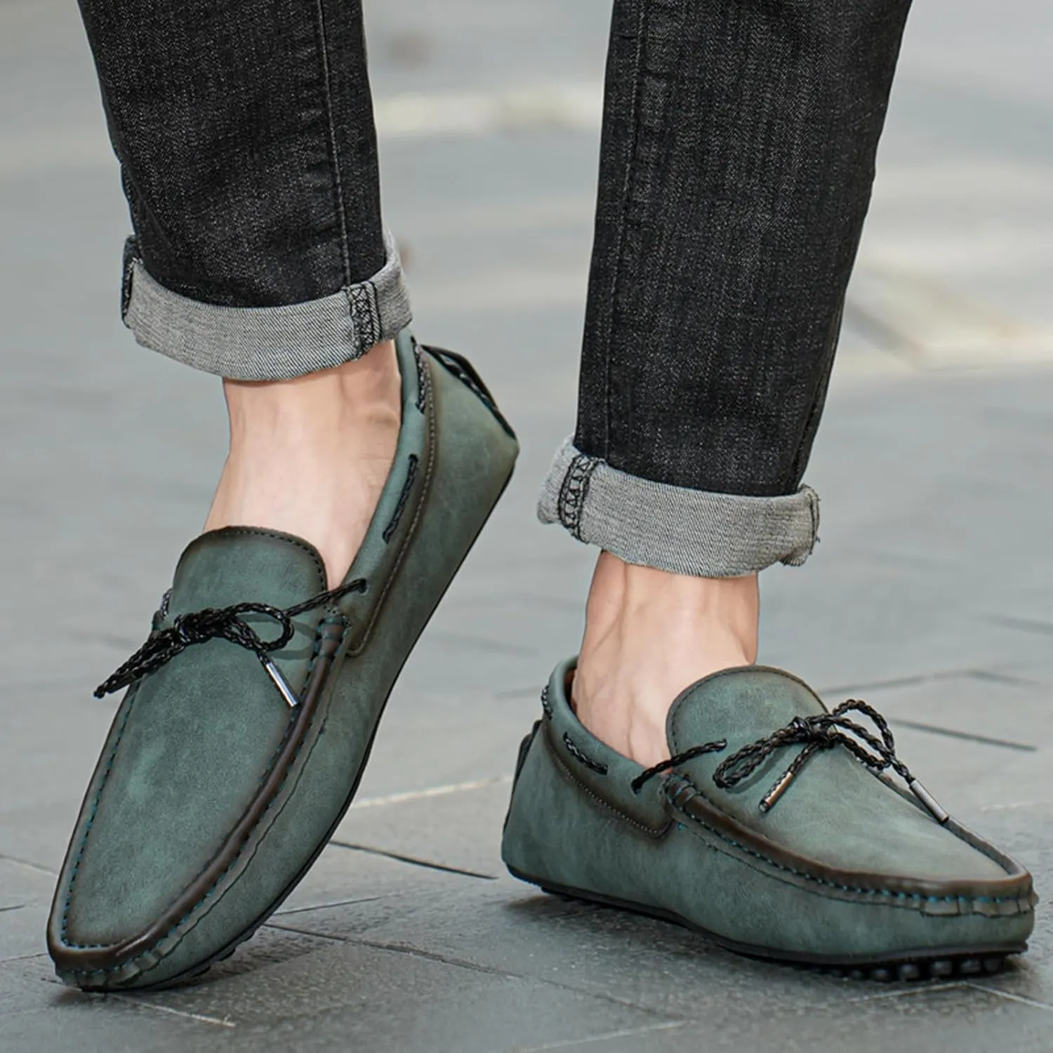 Zeberfi Men's Leather Moccasins Penny Loafers Casual Lace up Slip on Gommino Flat Driving Shoes Comfort Dress Boat Shoes