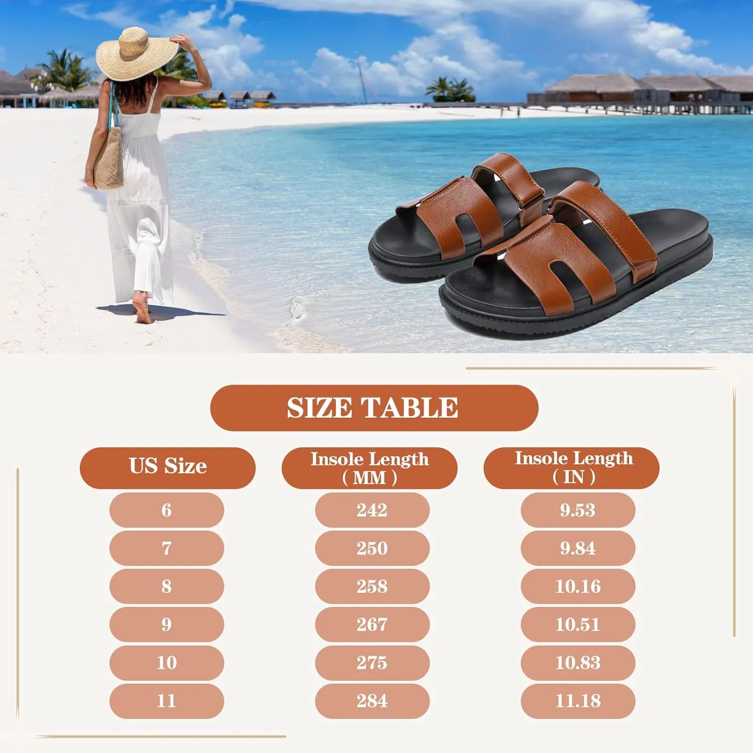 ZEENXIUYA Women's Slide Sandals with Adjustable Velcro, Arch Support Summer Beach Slides, Comfort Lightweight Cushion Slip on H-Strap Leather Open Toe Flat Sandal