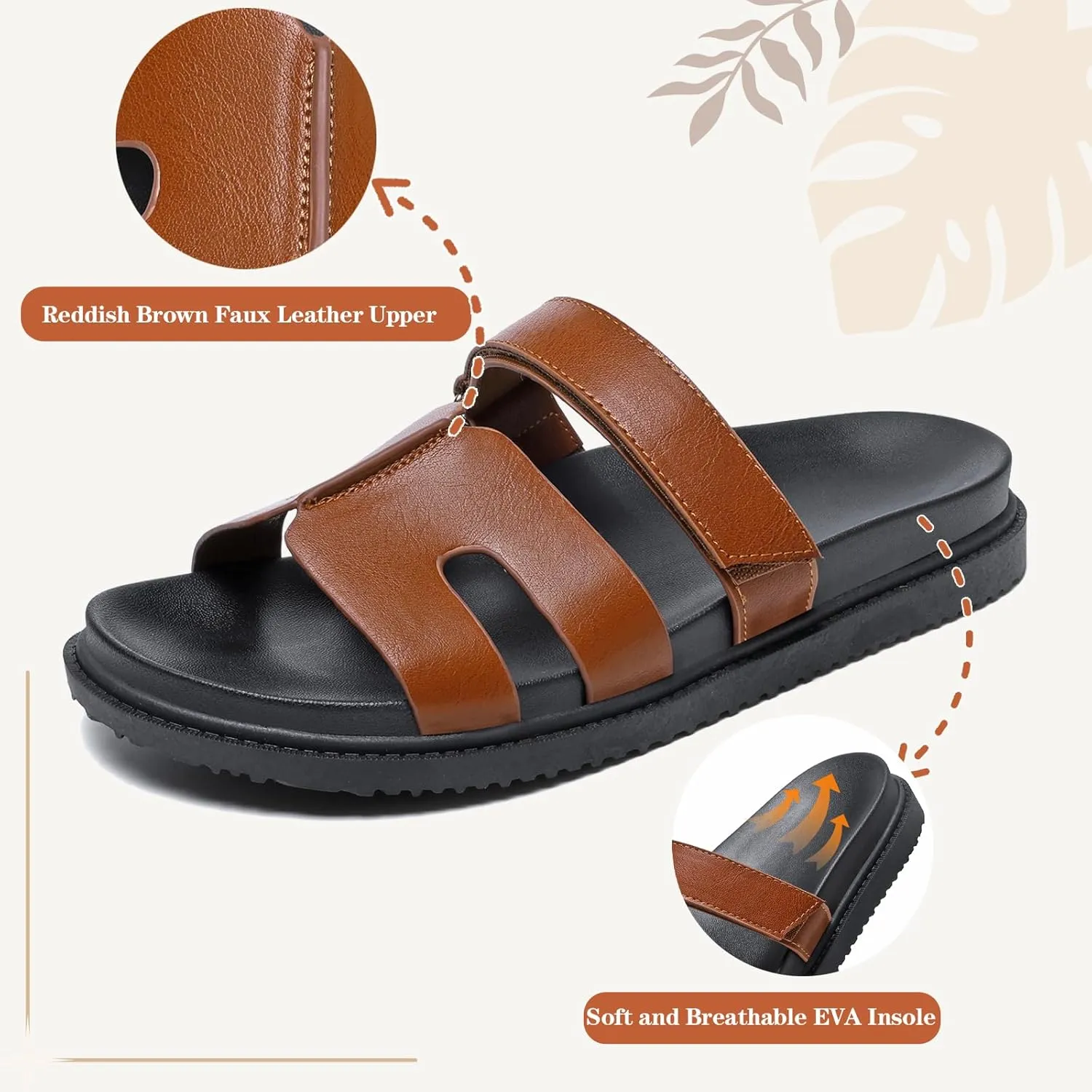 ZEENXIUYA Women's Slide Sandals with Adjustable Velcro, Arch Support Summer Beach Slides, Comfort Lightweight Cushion Slip on H-Strap Leather Open Toe Flat Sandal