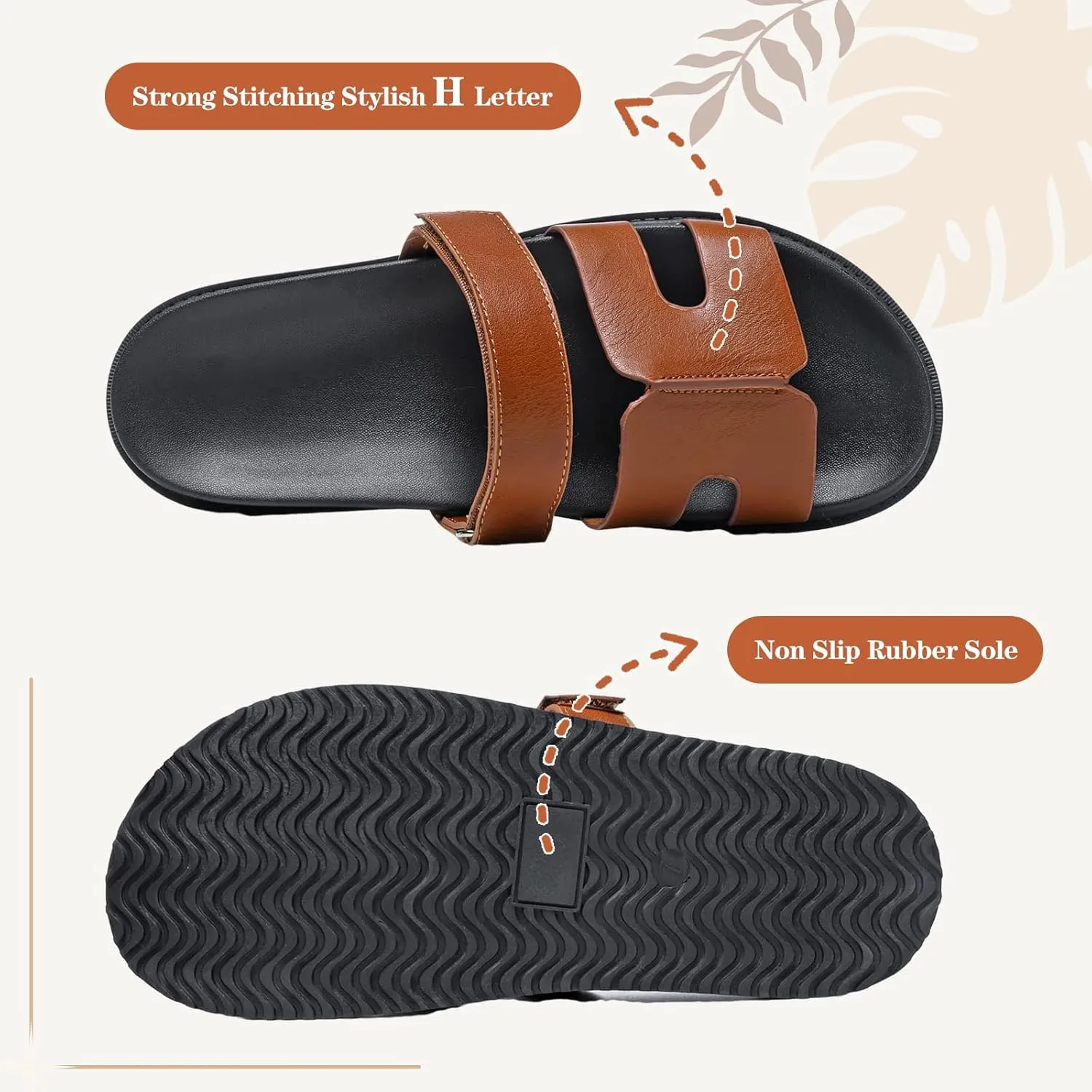 ZEENXIUYA Women's Slide Sandals with Adjustable Velcro, Arch Support Summer Beach Slides, Comfort Lightweight Cushion Slip on H-Strap Leather Open Toe Flat Sandal