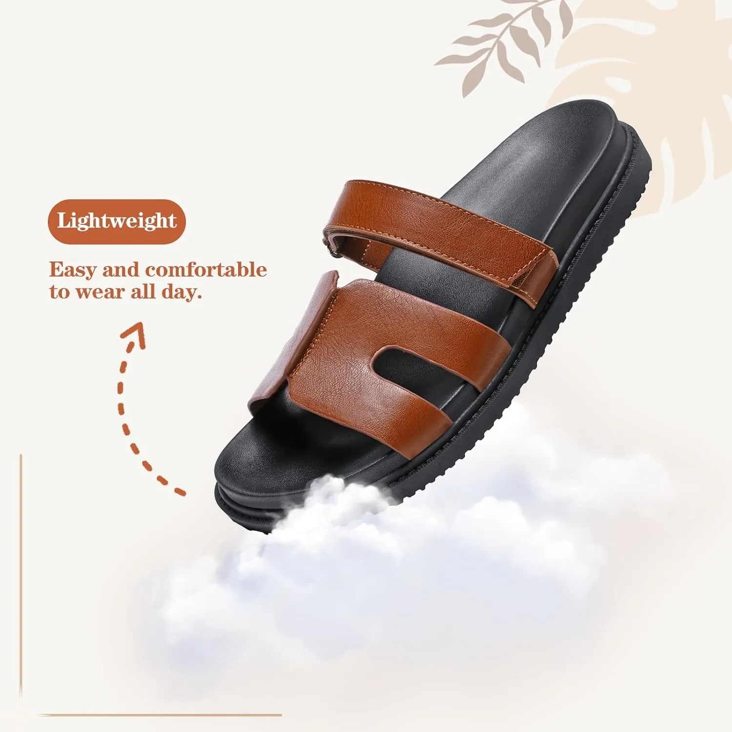 ZEENXIUYA Women's Slide Sandals with Adjustable Velcro, Arch Support Summer Beach Slides, Comfort Lightweight Cushion Slip on H-Strap Leather Open Toe Flat Sandal