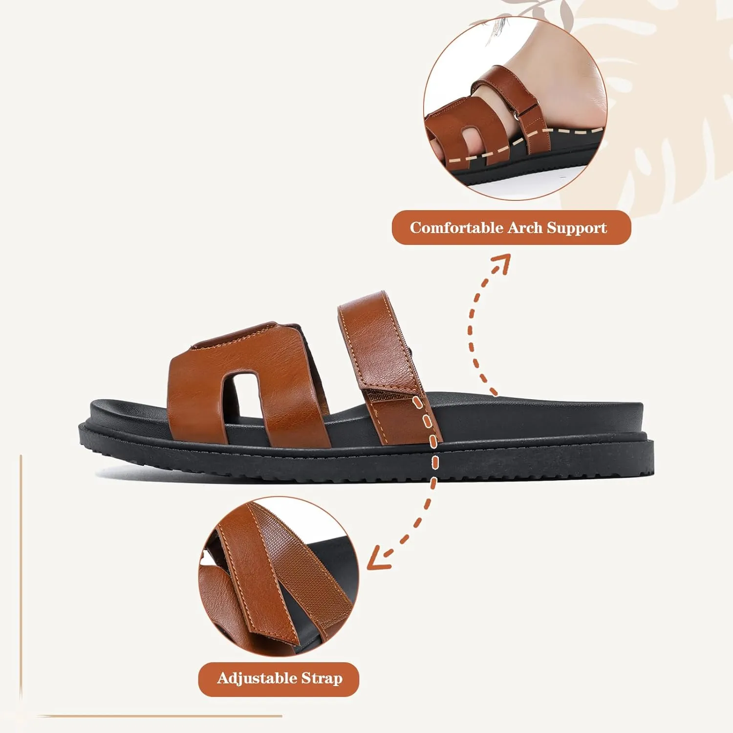 ZEENXIUYA Women's Slide Sandals with Adjustable Velcro, Arch Support Summer Beach Slides, Comfort Lightweight Cushion Slip on H-Strap Leather Open Toe Flat Sandal