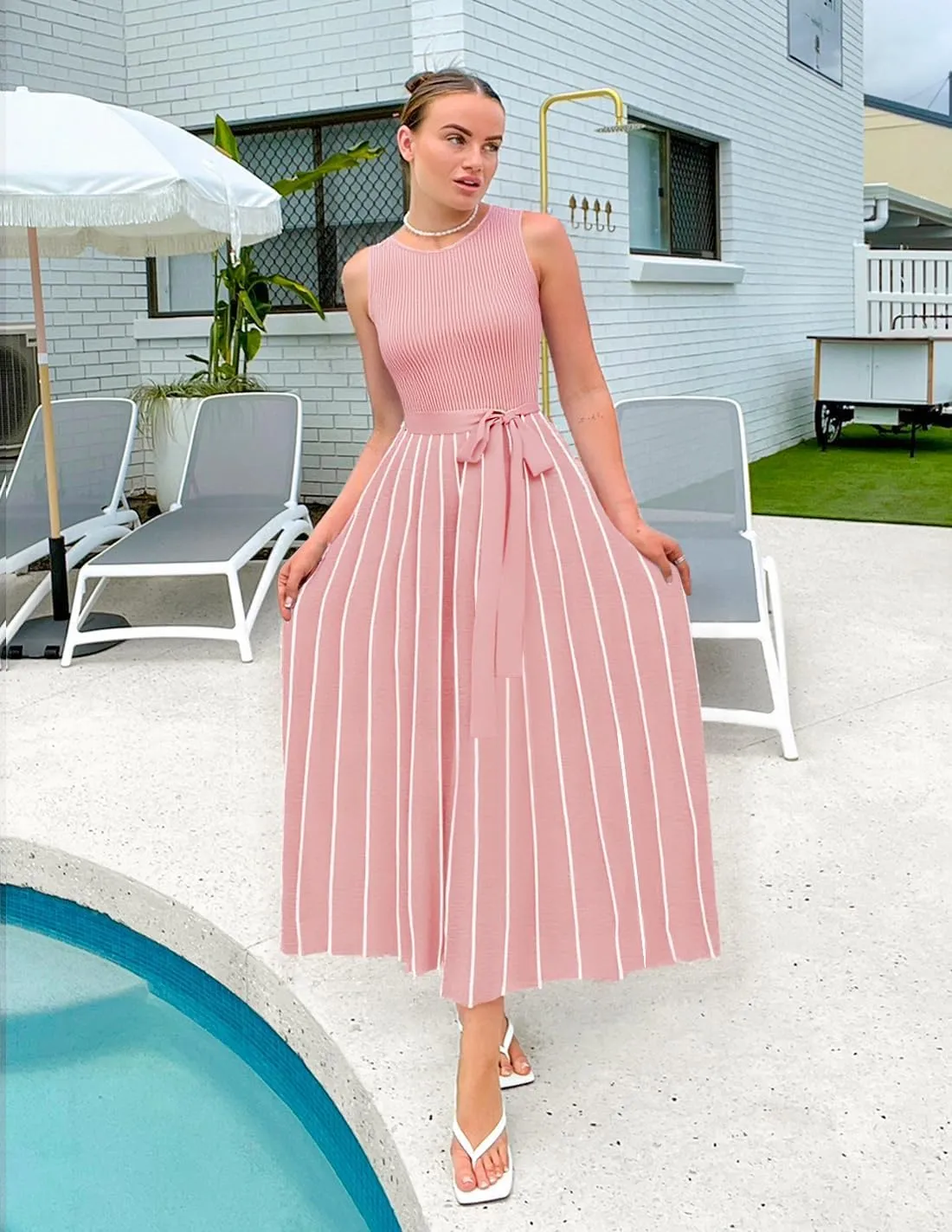 ZESICA Women's Summer Sleeveless Midi Dress 2025 Crewneck Ribbed Knit Tie Waist Casual A Line Swing Dresses