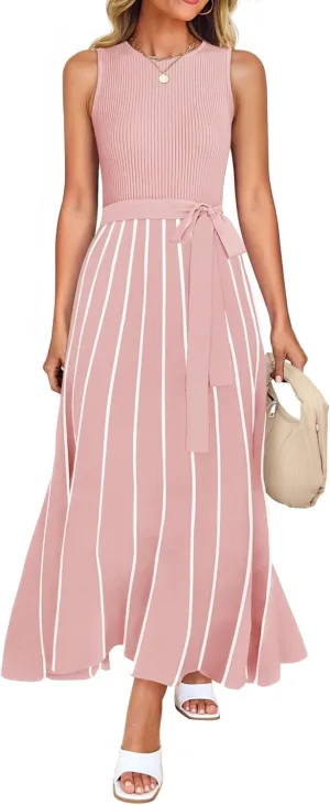 ZESICA Women's Summer Sleeveless Midi Dress 2025 Crewneck Ribbed Knit Tie Waist Casual A Line Swing Dresses