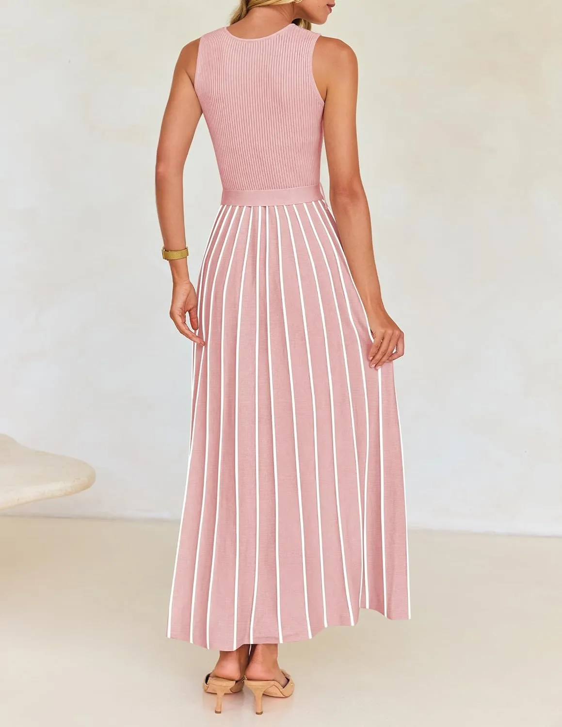 ZESICA Women's Summer Sleeveless Midi Dress 2025 Crewneck Ribbed Knit Tie Waist Casual A Line Swing Dresses