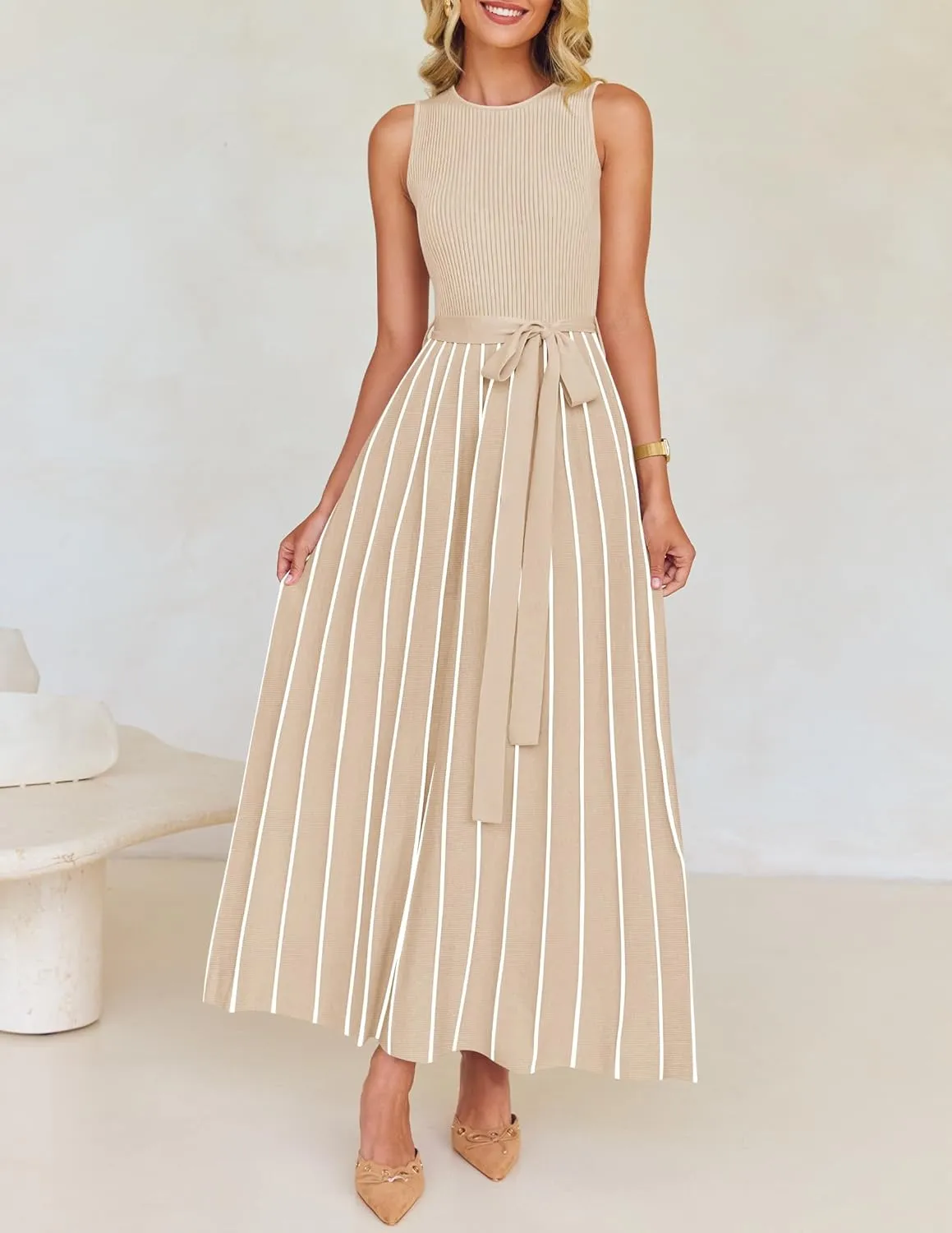 ZESICA Women's Summer Sleeveless Midi Dress 2025 Crewneck Ribbed Knit Tie Waist Casual A Line Swing Dresses