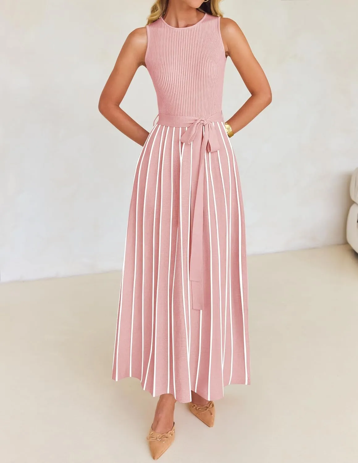 ZESICA Women's Summer Sleeveless Midi Dress 2025 Crewneck Ribbed Knit Tie Waist Casual A Line Swing Dresses