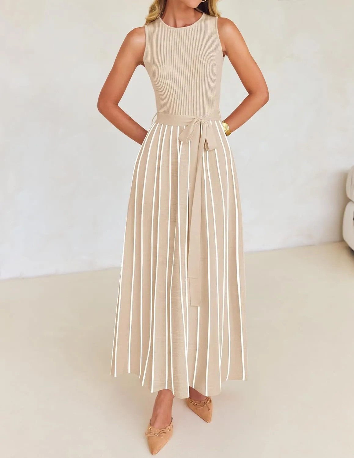 ZESICA Women's Summer Sleeveless Midi Dress 2025 Crewneck Ribbed Knit Tie Waist Casual A Line Swing Dresses