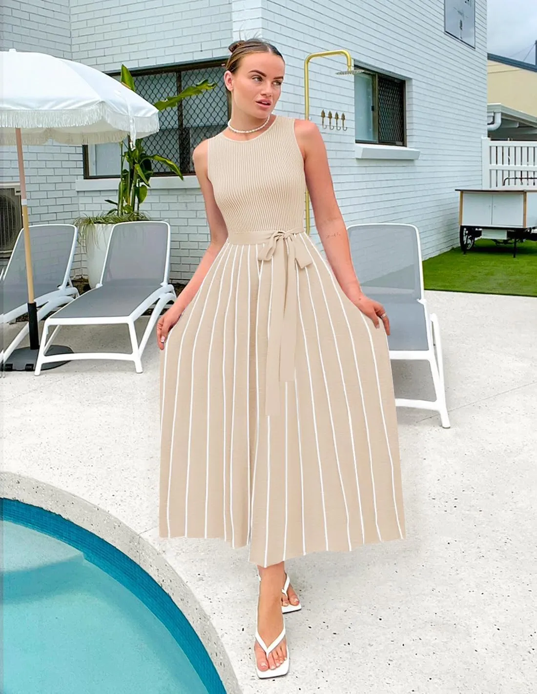 ZESICA Women's Summer Sleeveless Midi Dress 2025 Crewneck Ribbed Knit Tie Waist Casual A Line Swing Dresses
