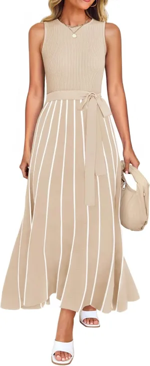 ZESICA Women's Summer Sleeveless Midi Dress 2025 Crewneck Ribbed Knit Tie Waist Casual A Line Swing Dresses