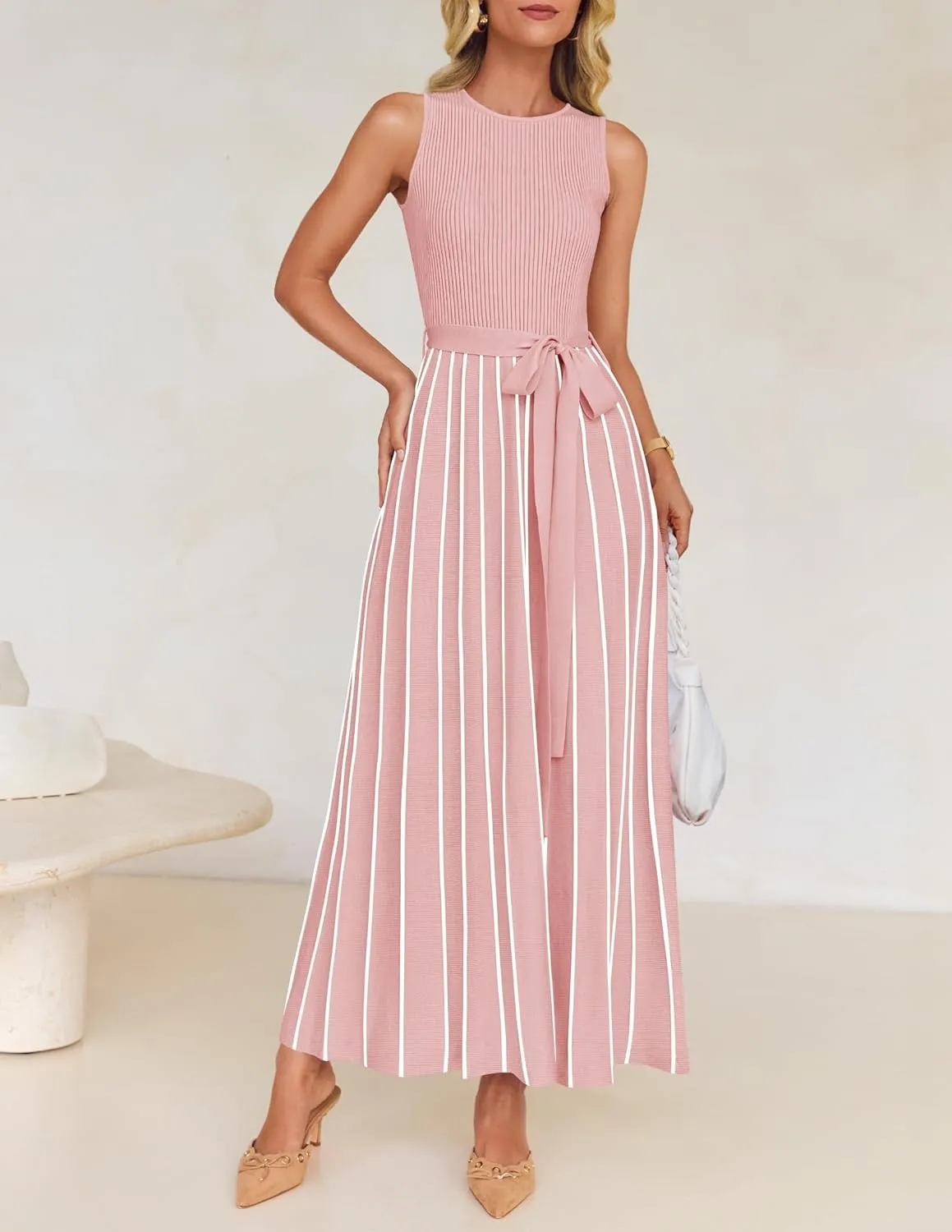 ZESICA Women's Summer Sleeveless Midi Dress 2025 Crewneck Ribbed Knit Tie Waist Casual A Line Swing Dresses